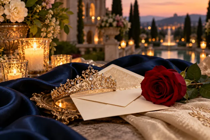 Detalles de celebración: rosa, corona y luces de velas