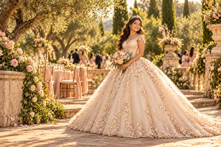 Demo romántica en un jardín con vestido champagne