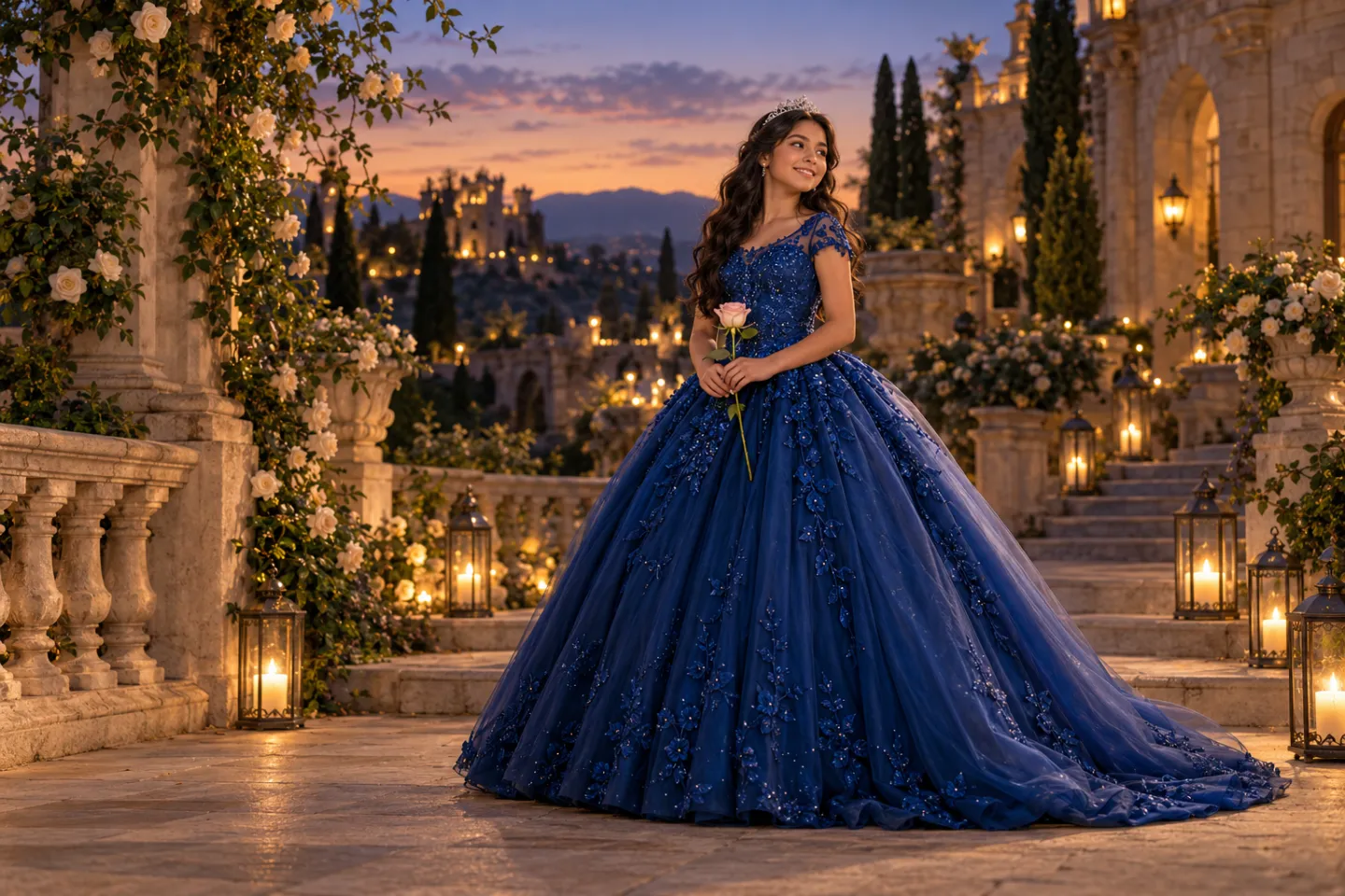 Quinceañera ficticia con vestido azul en una celebración de cuento